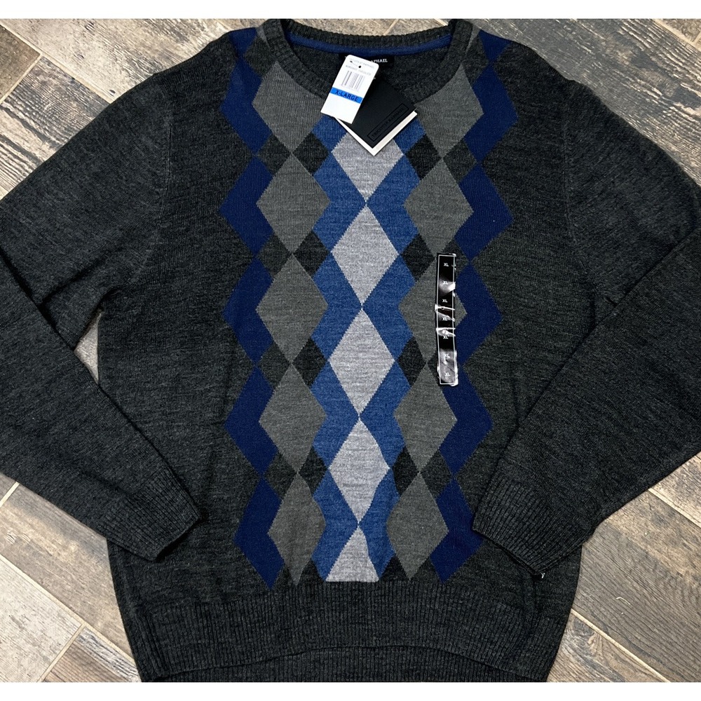 New TRICOTS ST RAPHAEL Sweater Mens XL Argyle Long Sleeve Acrylic Knit Grey